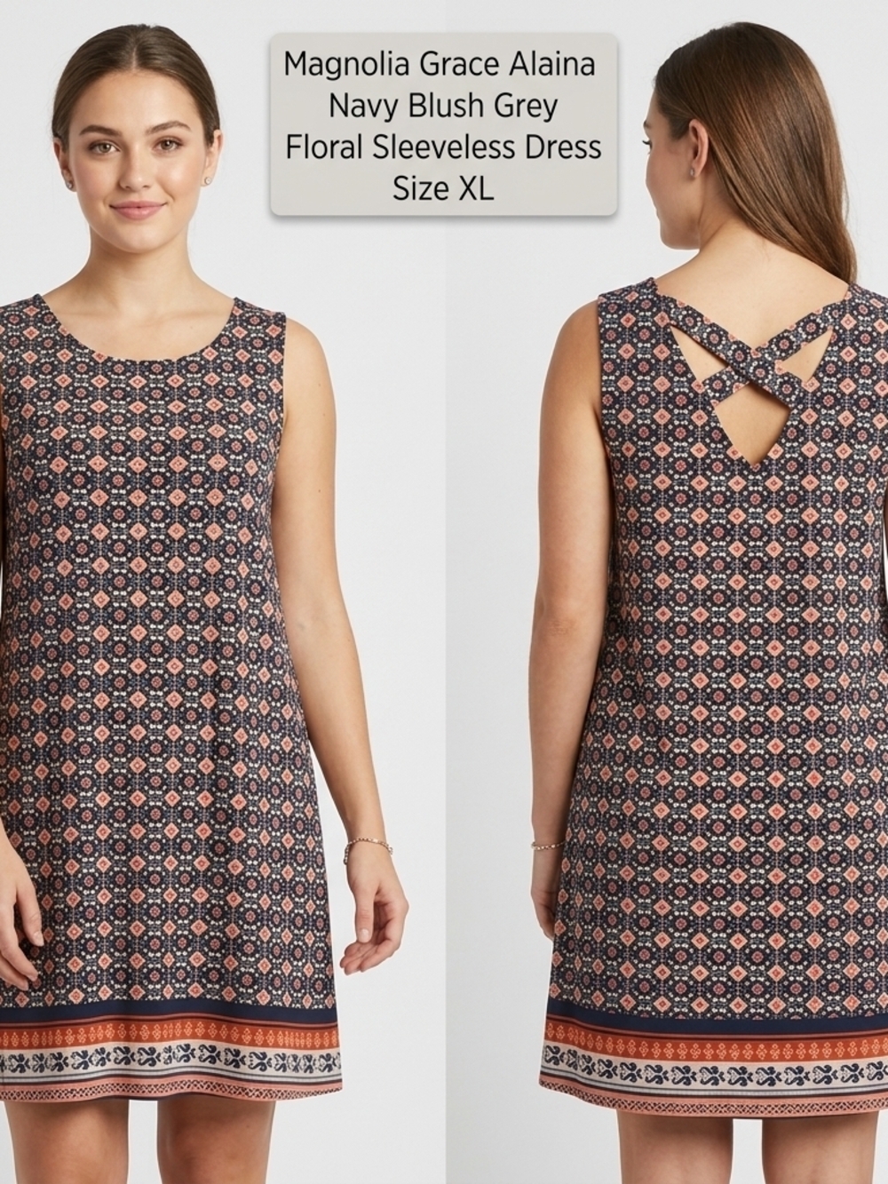 Magnolia Navy Blush Grey Blue Coral Floral Sleeveless Dress XL